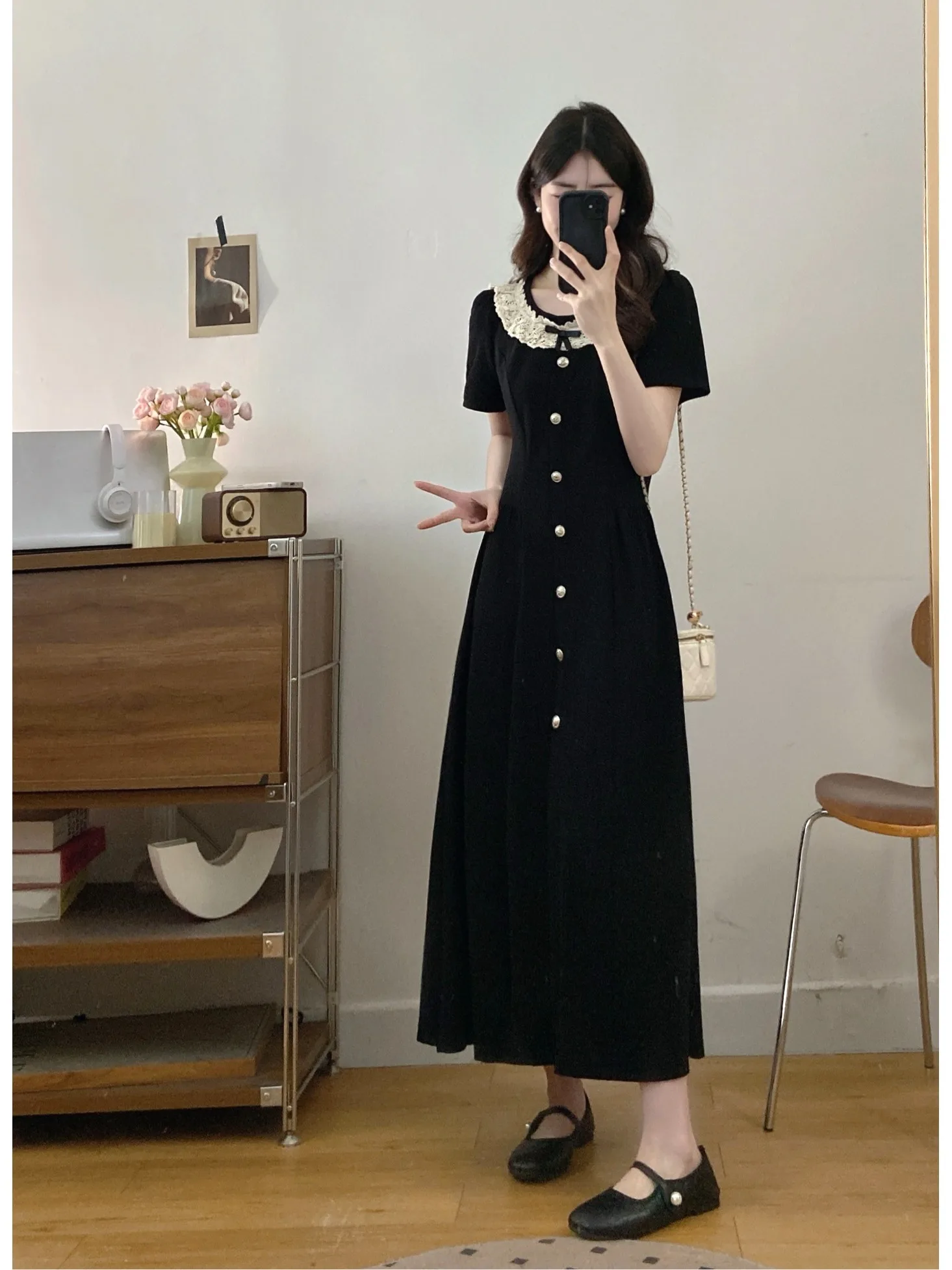 

plus Size Slimming A-Line Black Dress Summer New High-End Retro Lace Patchwork Waist-Cinching Dress Korean Style Commute
