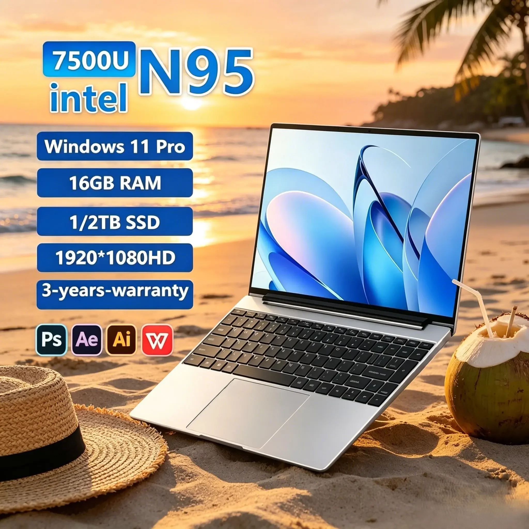 

14.1" Original Laptop Intel N95 120Hz FHD IPS Ultra‑Clear Screen 7500mAh Battery 32GB/2TB Backlit Keyboard Fingerprint Unlock