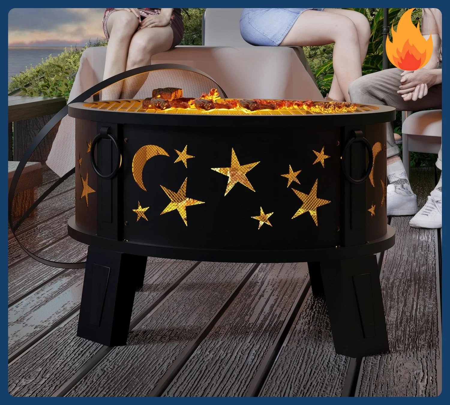 

[Discounted Price!]26" Outdoor Fire Pit with Grill & Mesh Cover, Wood Burning Steel Firepit with Poker & Star Spark Screen, Heav