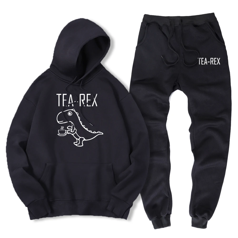 Tea Rex The Dinosaur Drinking Coffee 2 Piece Hoodie Set Men Fashion Casual Hoody+ Pants Loose Winter Warm Sweatshirt + Sweatpant