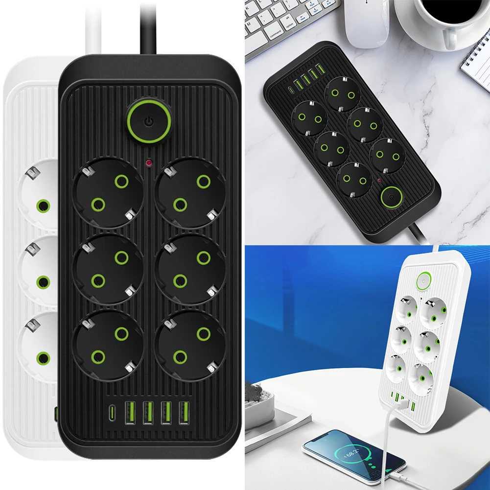 EU Plug Multi Tap Socket 6AC Outlets Power Strip 2500W Extension Cord ABS Electrical Receptacle for Home Office Travel