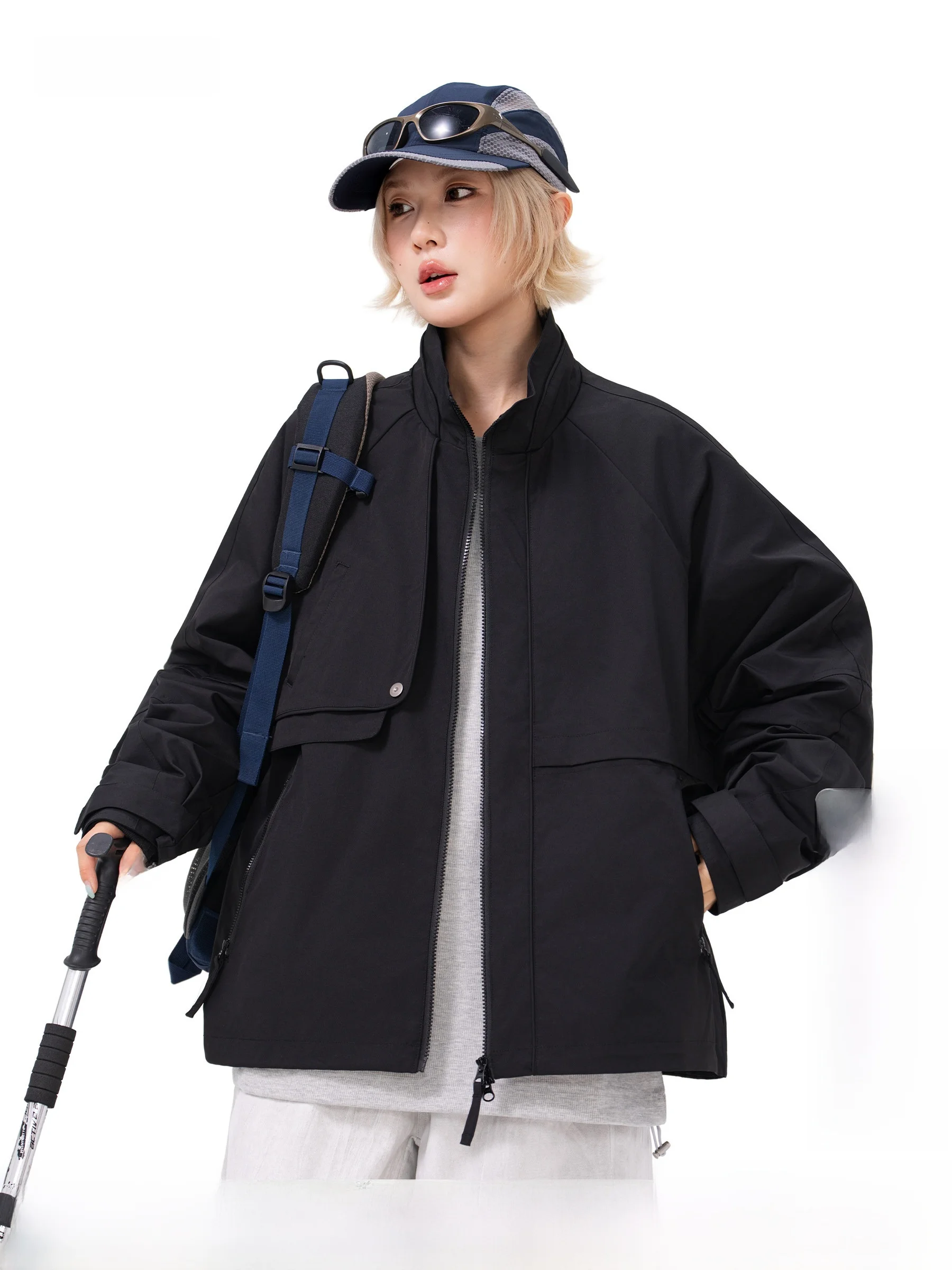 AOGZ Unisex Outdoor Workwear Style Jacket Stand Collar Loose Fit Multiple Pockets Black Outerwear Polyester Long Sleeve Zipper