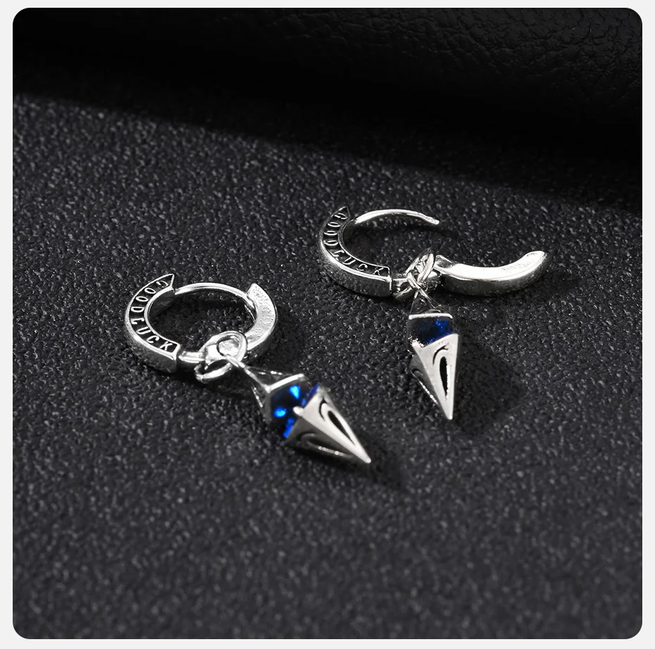 Vnox Herren Spike Dangle Huggie Hoop Ohrringe, Edelstahl Blauer Kristall Glücksbringer Kegel-Anhänger Ohrschmuck für Punk Männer Geschenk – Detail 6