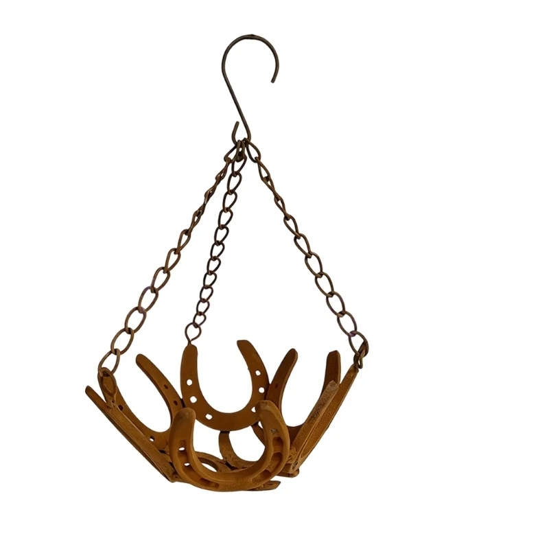 Rusty Horseshoe Metal Pot Basket for Balcony and Indoor Garden Use J0MC