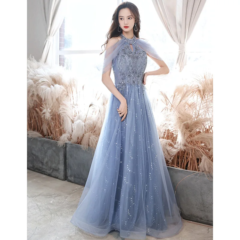 Blue Halter Cocktail Dress Women Beaded Hollow Sequins Prom Gown Elegant Classic Tulle Sleeveless A-line Evening Dresses