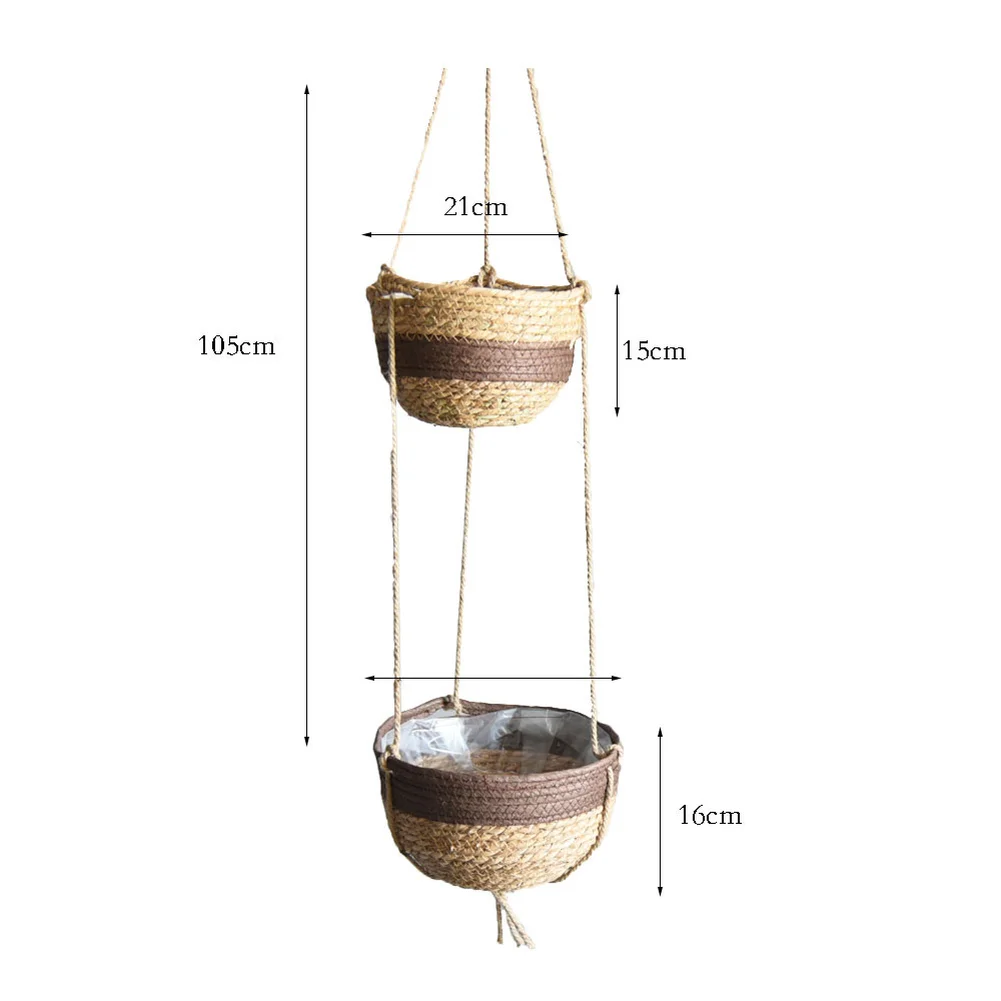Conjoined Woven Hanging Flower Basket for Indoor Decor Using Sustainable Plant Fiber Material and Lightweight Structure
