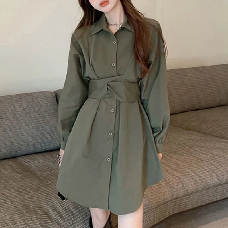 Spring Autumn Solid Color Turn-down Collar Long Sleeve Midi Dress Women High Street Casual Button Patchwork Lacing Bow Vestidos