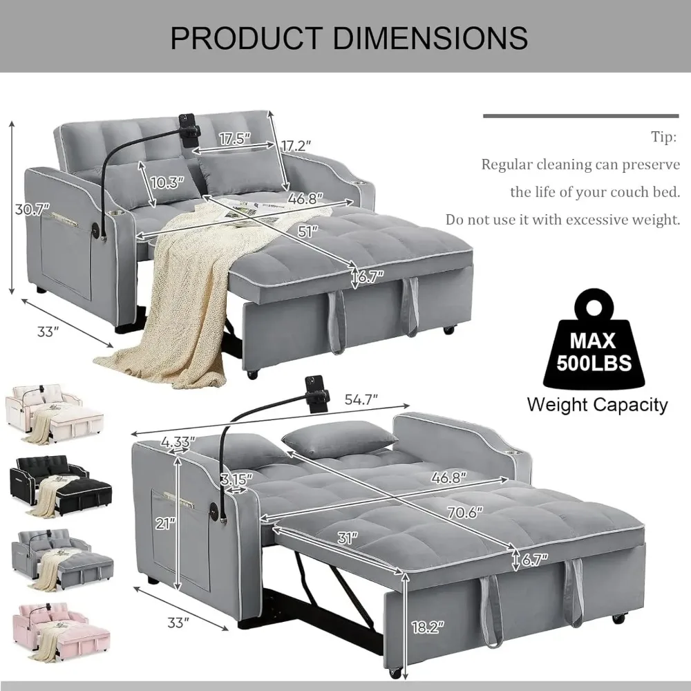 3 in 1 Sleeper Sofa Couch Bed, Velvet Convertible Loveseat Sleeper Sofa with USB Port and Ashtray and Swivel Phone Stand