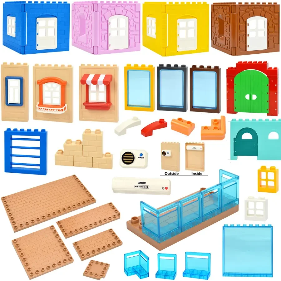 Big Size Building Blocks House Parts Accessory Window Wall Roof Construction Assemble Compatible Duploe Brick Educational Toys F