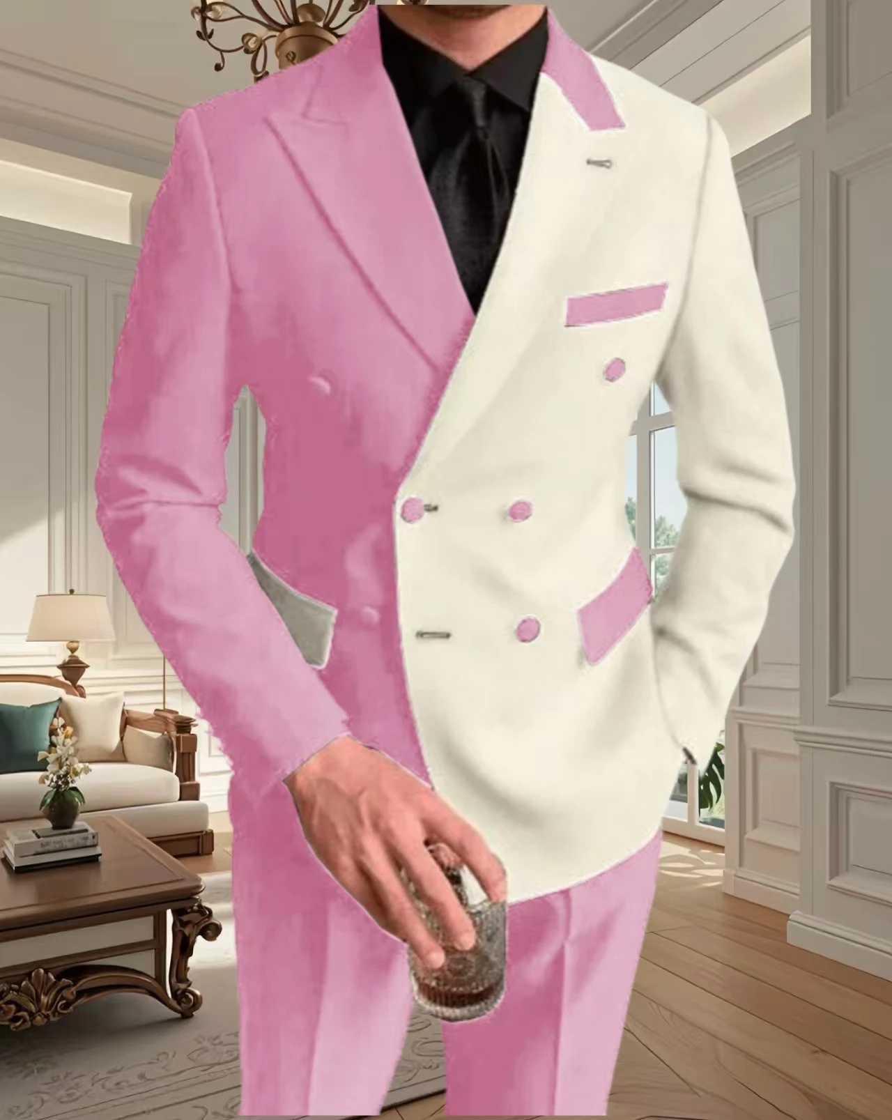 

Elegant Black White Men Suit Slim Fit Peak Lapel Double Breasted 2 Piece Evening Dinner Slim Fit Blazer Pants Two Pieces