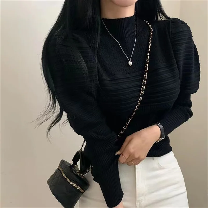 

Cheap Women's Clothing Elegant Knitted Bottoming Shirts Korean Fashion Skinny Mock Neck Solid Full Puff Sleeve Pullover