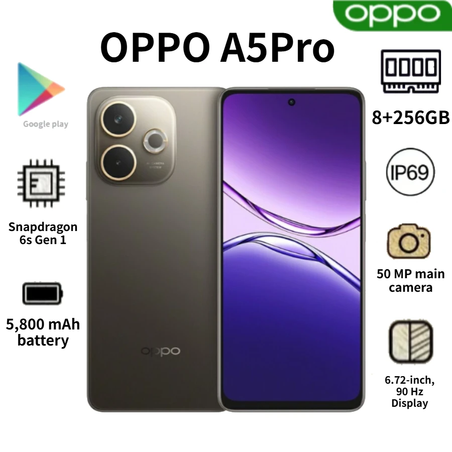 

Смартфон OPPO A5 Pro (новейшая модель 2026 года), глобальная версия, 6,67-дюймовый дисплей, аккумулятор 5800 мАч, двойная камера 50 МП, две SIM-карты