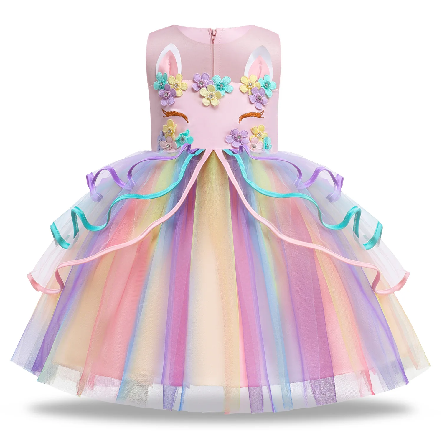 Summer Dress Girl Unicorn Cosplay Costume Children\'s Day Mesh Rainbow Tulle Princess Dress for Birthday Gift Kids Fashion Dress