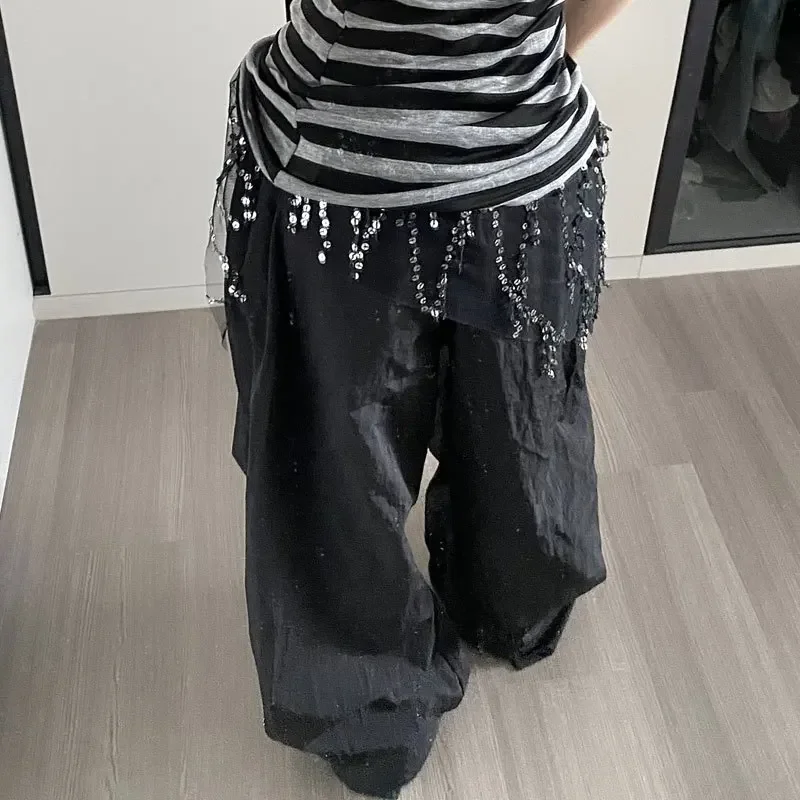 韓国ファッションカーゴパンツ レディース 原宿系 ブラック バギー スウェットパンツ ワイドレッグ ジョガーパンツ カジュアルパンツ ストリートウェア