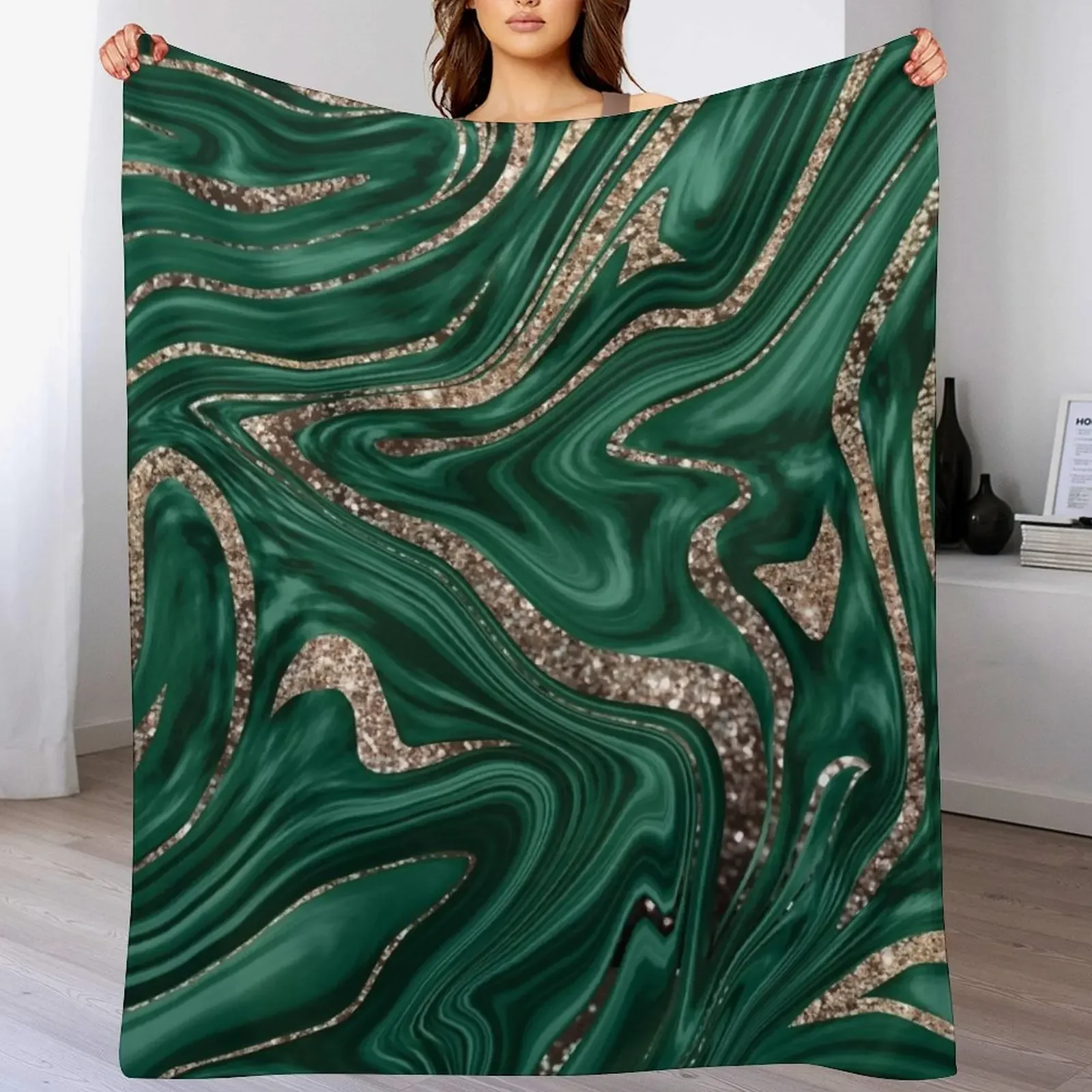 Emerald Green Black Gold Glitter Marble #1 (Faux Glitter) #decor #art Throw Blanket Soft Warm Blanket Gift for Men Women Adults