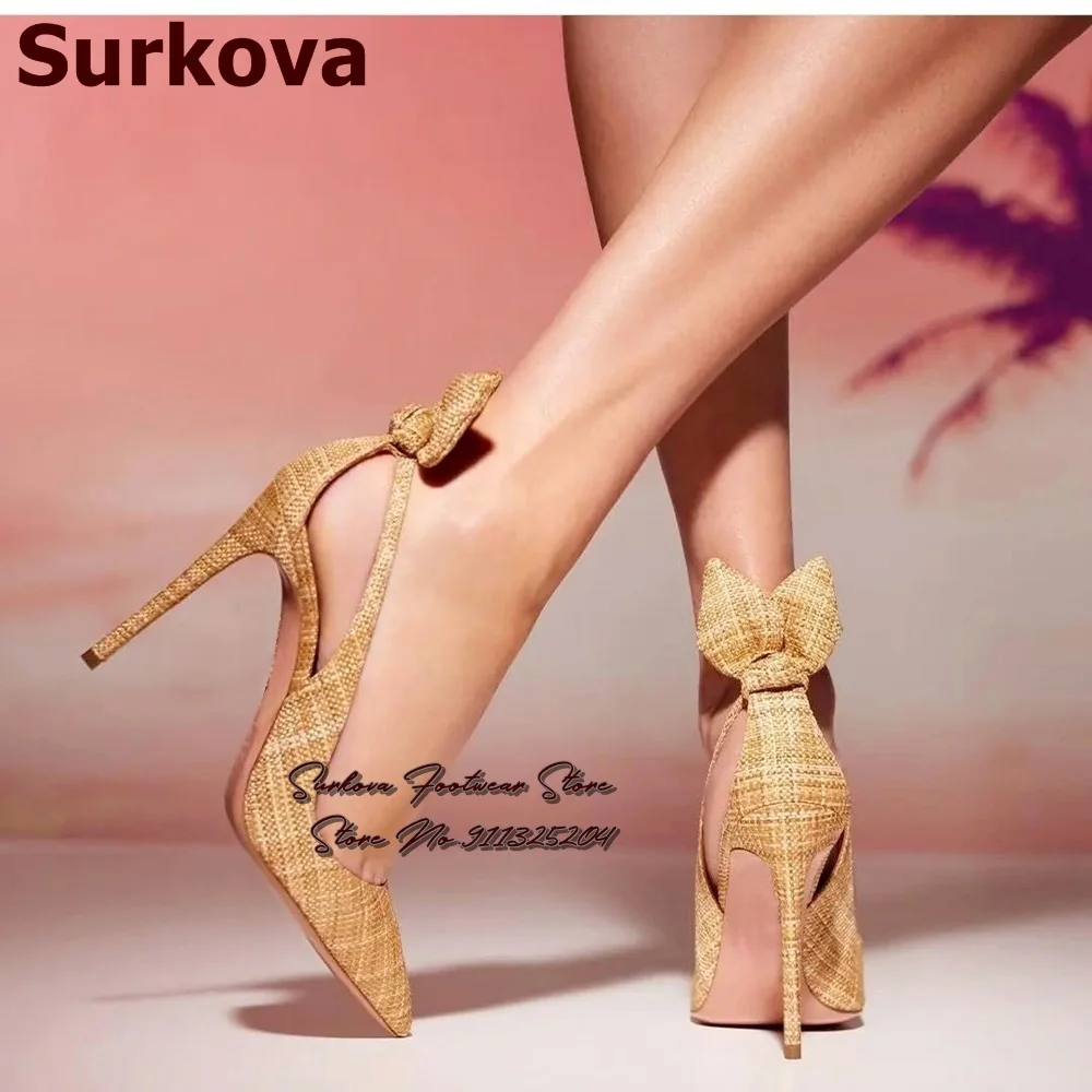 

Surkova Mustard Yellow Check Braided Pumps Women Stiletto Heel Bowtie Cut-out Dress Shoes Pointy Toe Shallow Plaid Footwear Red