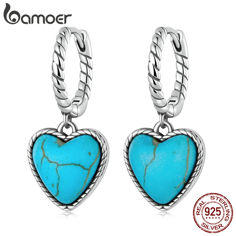 BAMOER 925 Sterling Silver Twist Hoop Earring Blue Heart Turquoise Pendant Ear Buckles for Women Fine Jewelry Wedding Gift