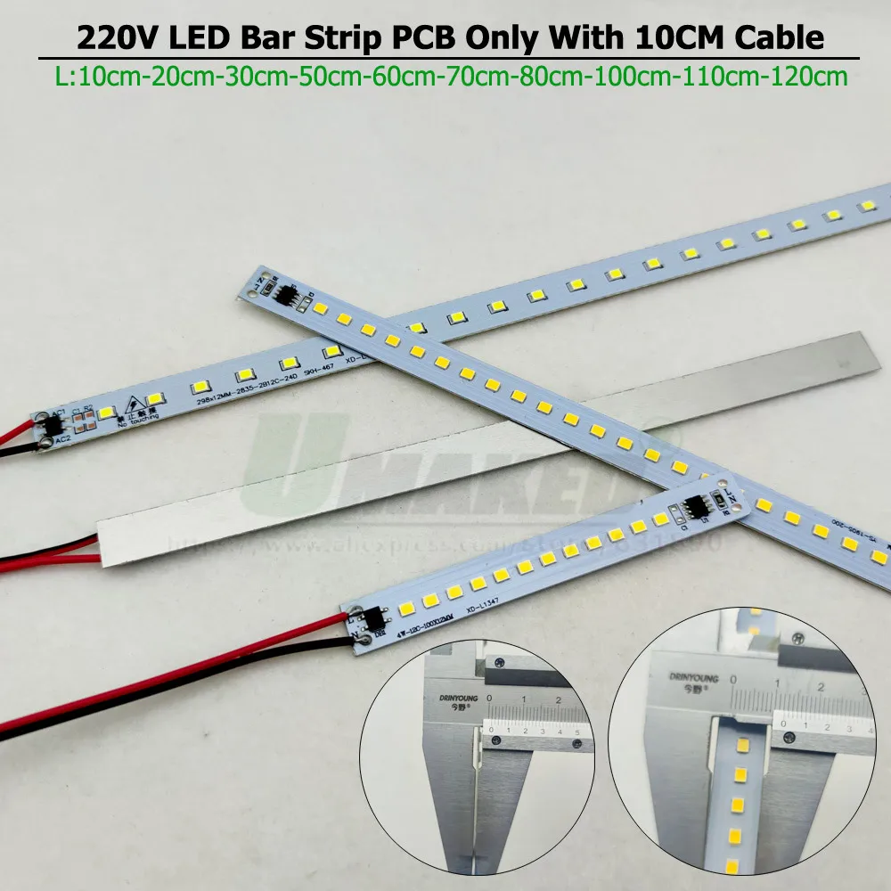 Luces LED PCB de 220v de ca, 10CM, 20CM, 30CM, 50CM, SMD2385, blanco cálido/Natural/frío para cocina debajo del gabinete, lámpara de tira dura DIY,