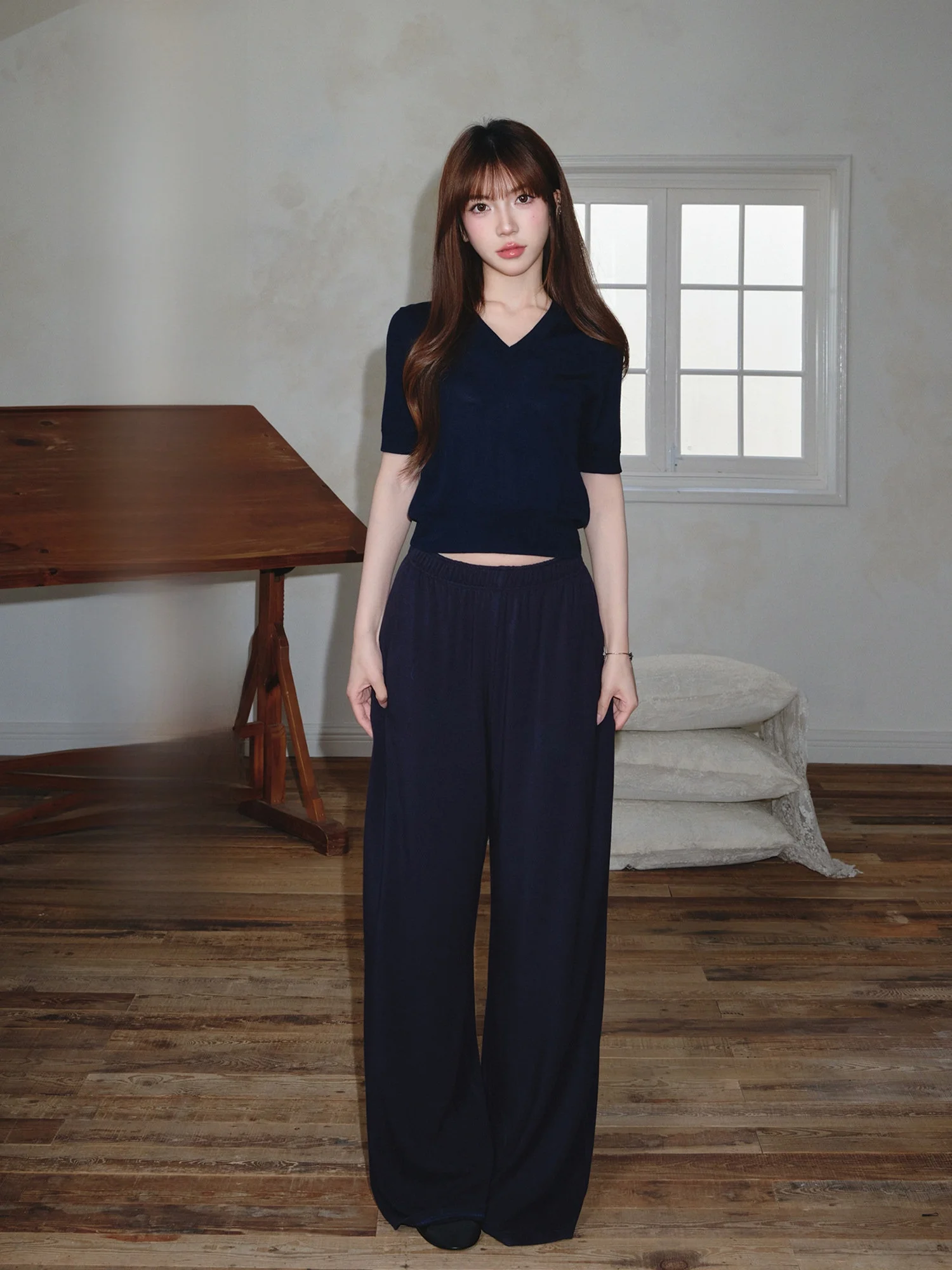 

Женские летние повседневные брюки MENT Pure Color: прямые, свободные, дышащие, с эластичным поясом, широкие штанины, длинные