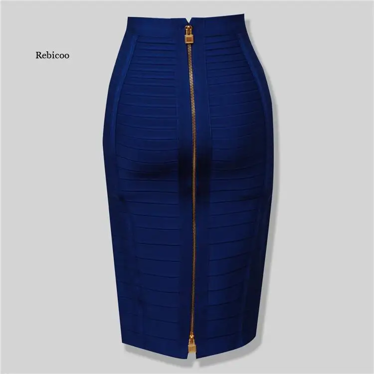 High Quality Black Red Blue Orange Zipper Bodycon Rayon Bandage Skirt Day Party Pencil Skirt