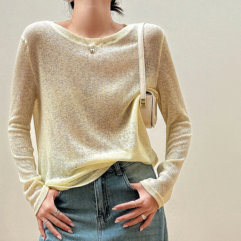 Summer Thin Long Sleeve T Shirts for Women All Match Round Neck Air-conditioned Shirt Woman 2024 Solid Color Casual Tee Tops