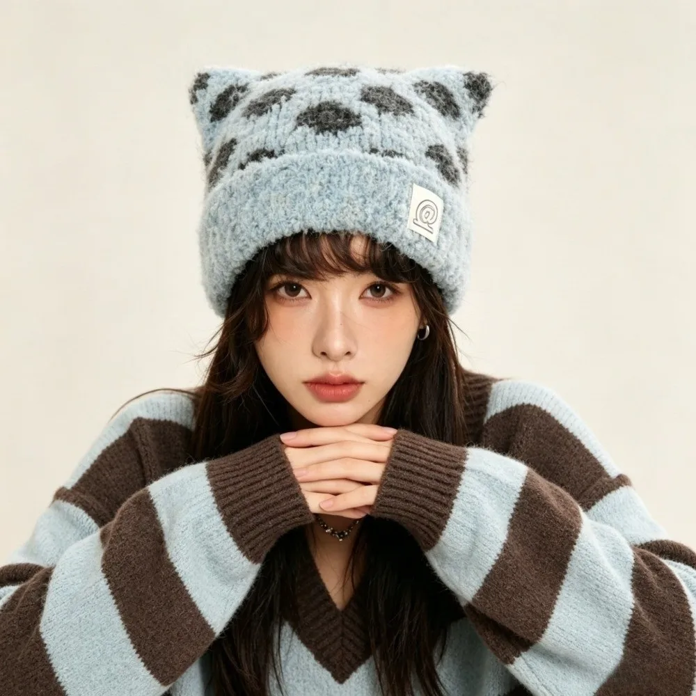 Polyester Knitted Beanie Hat 56cm-58cm Circumference Adjustable Size Spot Beanie Ear Hat Face Slimming Thick Warm Winter Hat