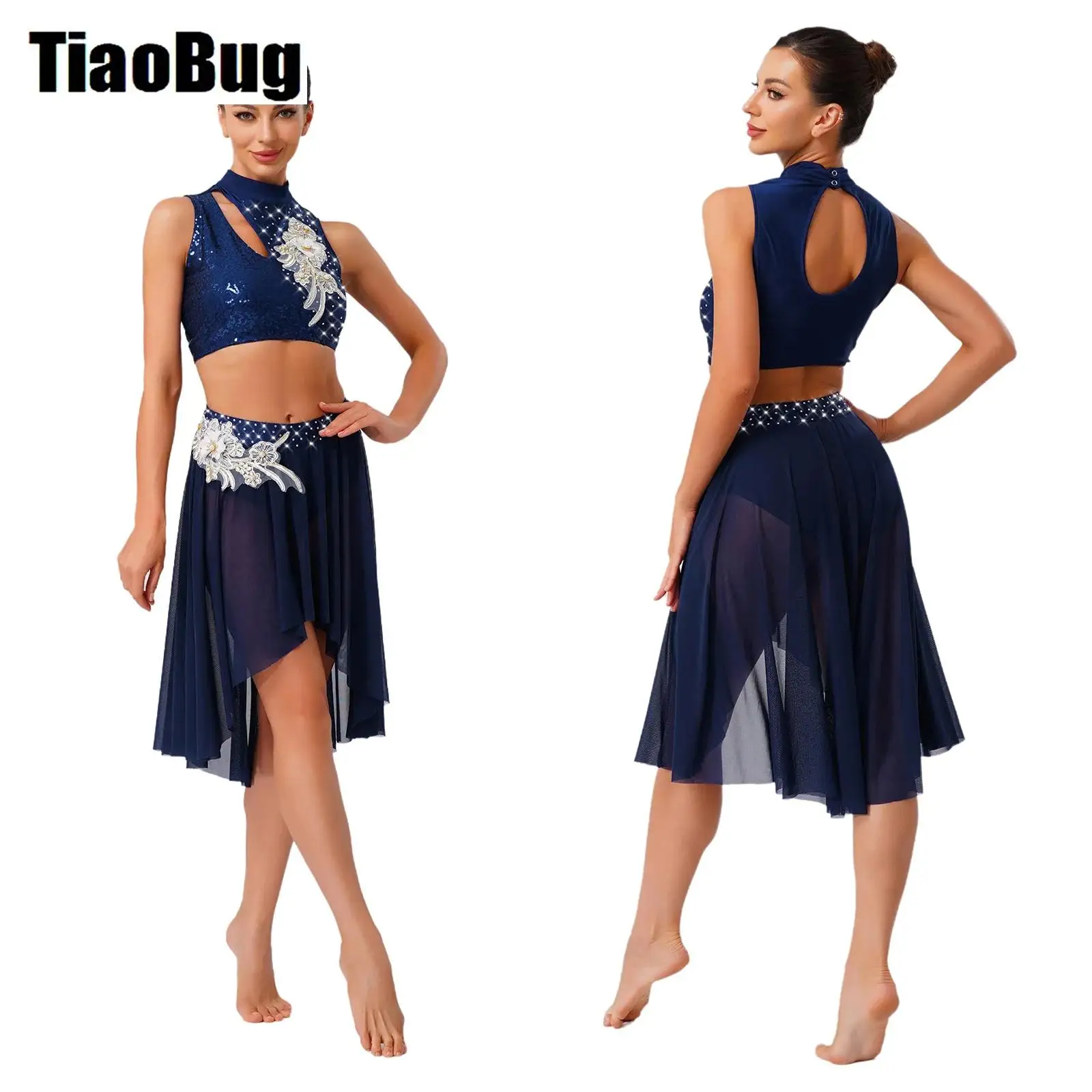 Traje de danza lírica moderna para mujer, Top corto sin mangas, falda de malla Irregular, bordado, gimnasia, Ballet, patinaje, Dancewea