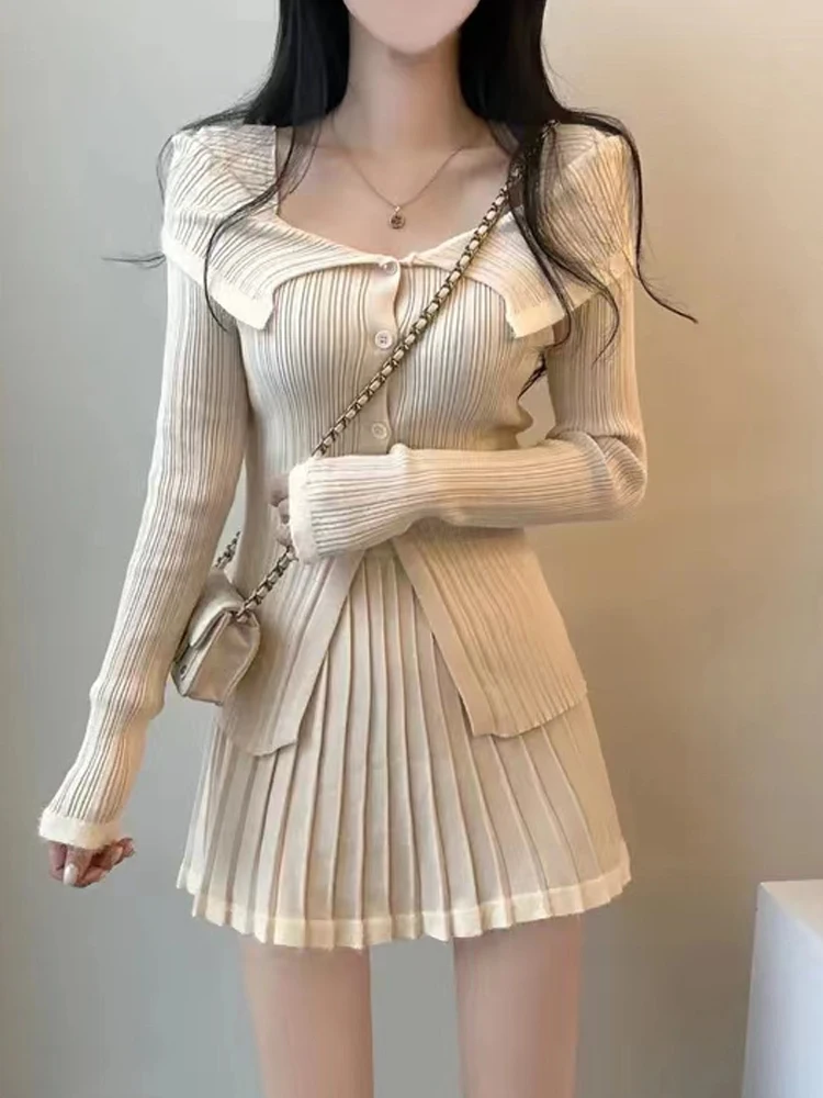 

Комплект вязаного свитера Ele с открытым кардиганом с завязками и плиссированной юбкой с высокой талией для женщин, осень-зима, два брюки...