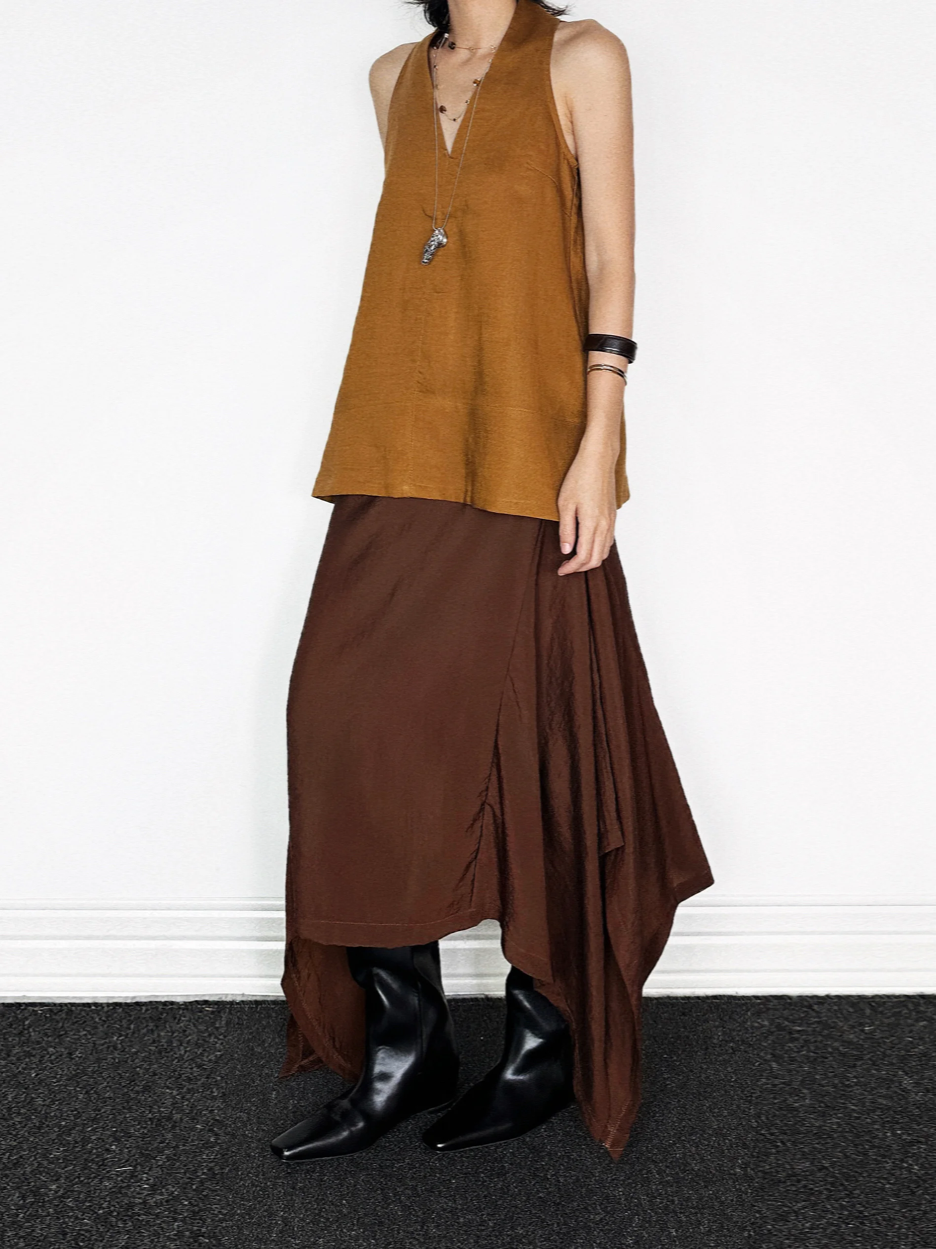 

Vintage Simple Linen Silk V-Ne Svel Vest Summer Retro f Skirt A-Line Skirt Ci Commute Asymmetrical Ladies Skirt