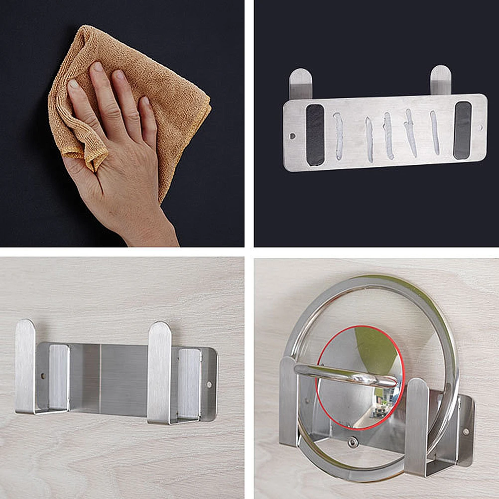 

Wall Mount Pot Lid Holder Silver Cabinet Storage Rack Organizer Vacuum Suction Cups No Hole Stainless Steel Kitchen Tool Pan