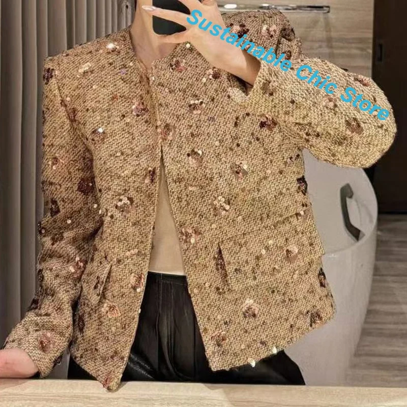 French khaki temperament gold sequins small fragrance coat women's autumn and winter new fashion high-grade tweed wild top