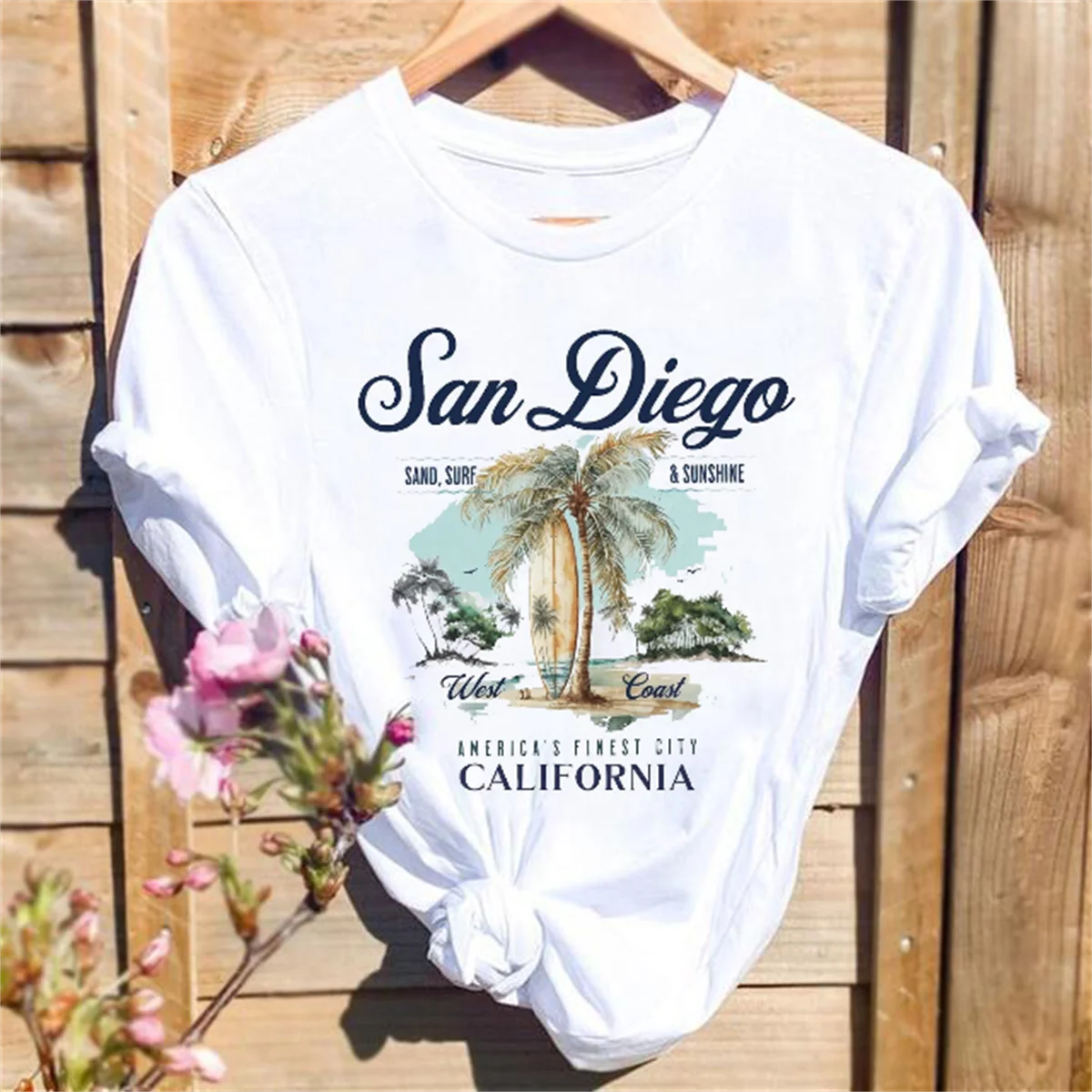 Pattern Top T-Shirt Summer Women's Watercolor Fashion Short Sleeve Round Neck Women's Printed Clothing Polyester Fabric T-Shirt