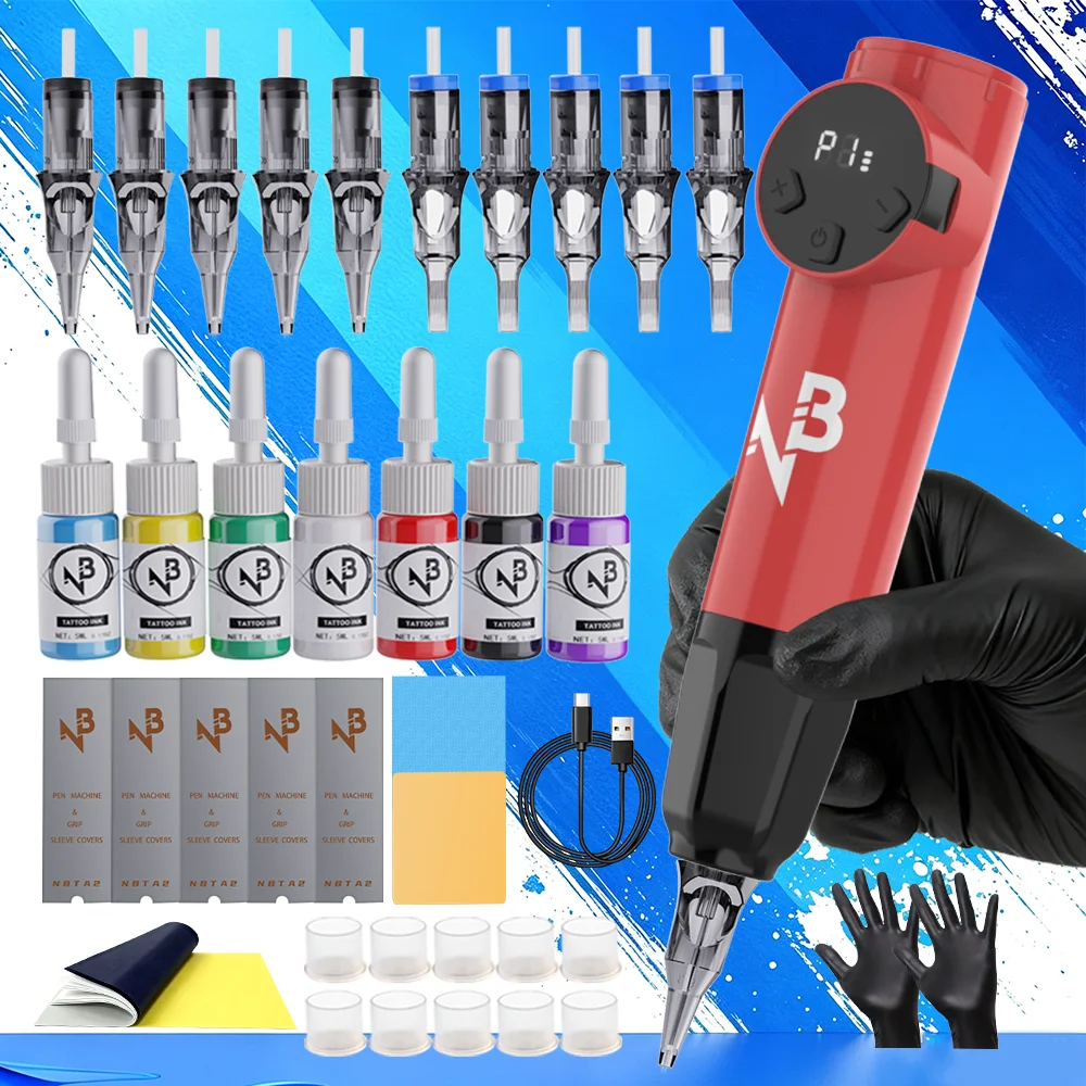 NB Red Wireless Rotary Tattoo Pen Kit, Complete Tattoo Starter Set with 7 Colors Tattoo Ink, Cartridge Needles