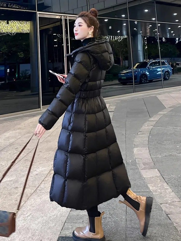 Chaqueta larga de invierno con plumón de pato blanco para mujer, cortavientos con capucha, abrigo ajustado con cintura gruesa y cálida para oficina, prendas de vestir para el trabajo