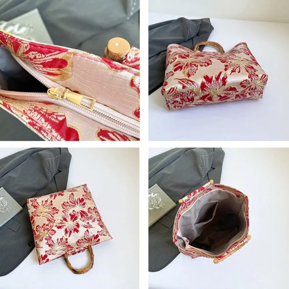 Canvas Jacquard Tote Bag Bamboo Joint Handheld Large Capacity Chinese Style Handbag Cheongsam Accessories Zipper Closure
