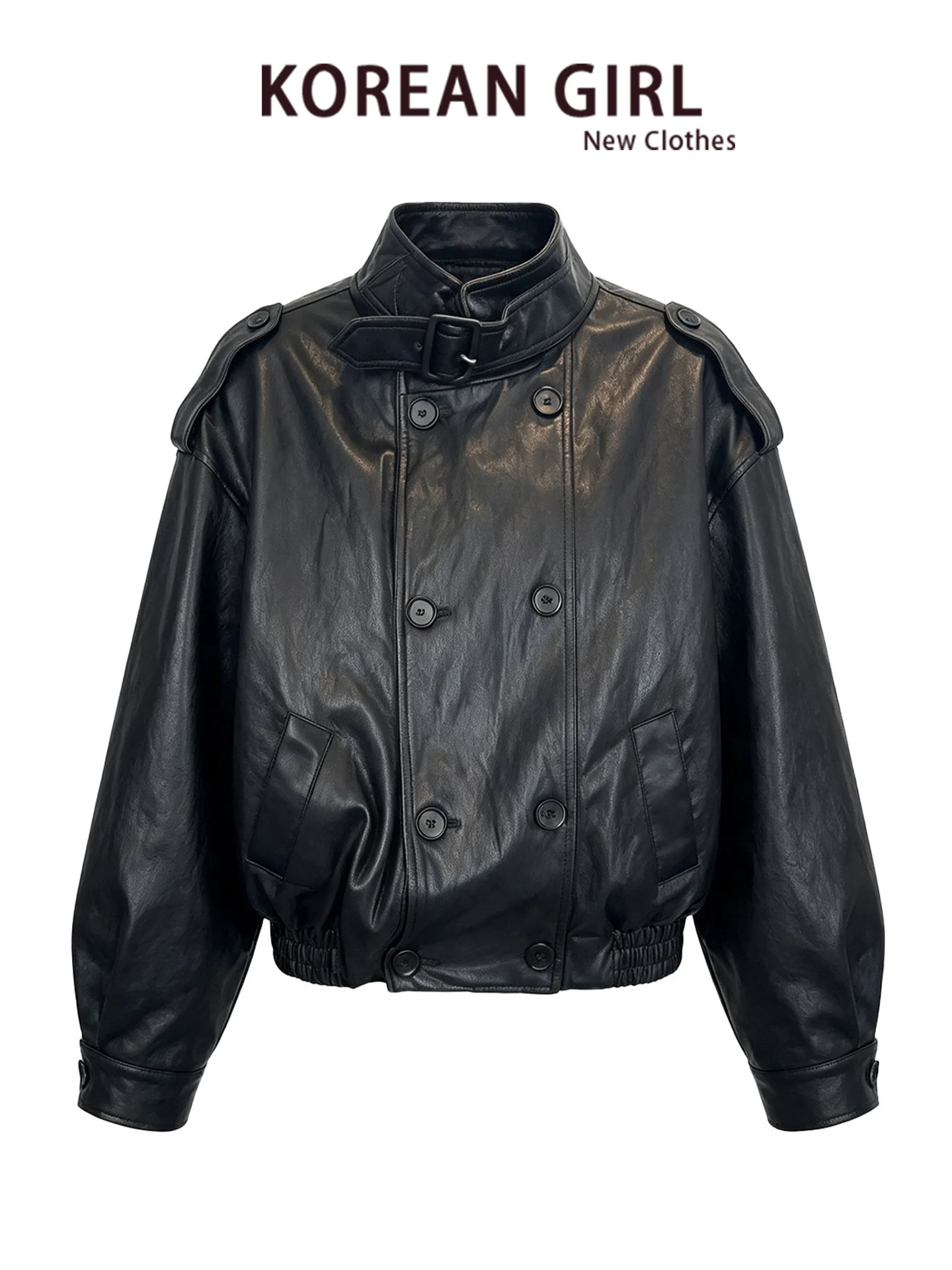 Women's Casual Style Loose Fitting Black PU Leather Jacket Stand Collar Biker Coat Warm Short Length Double Button Closure