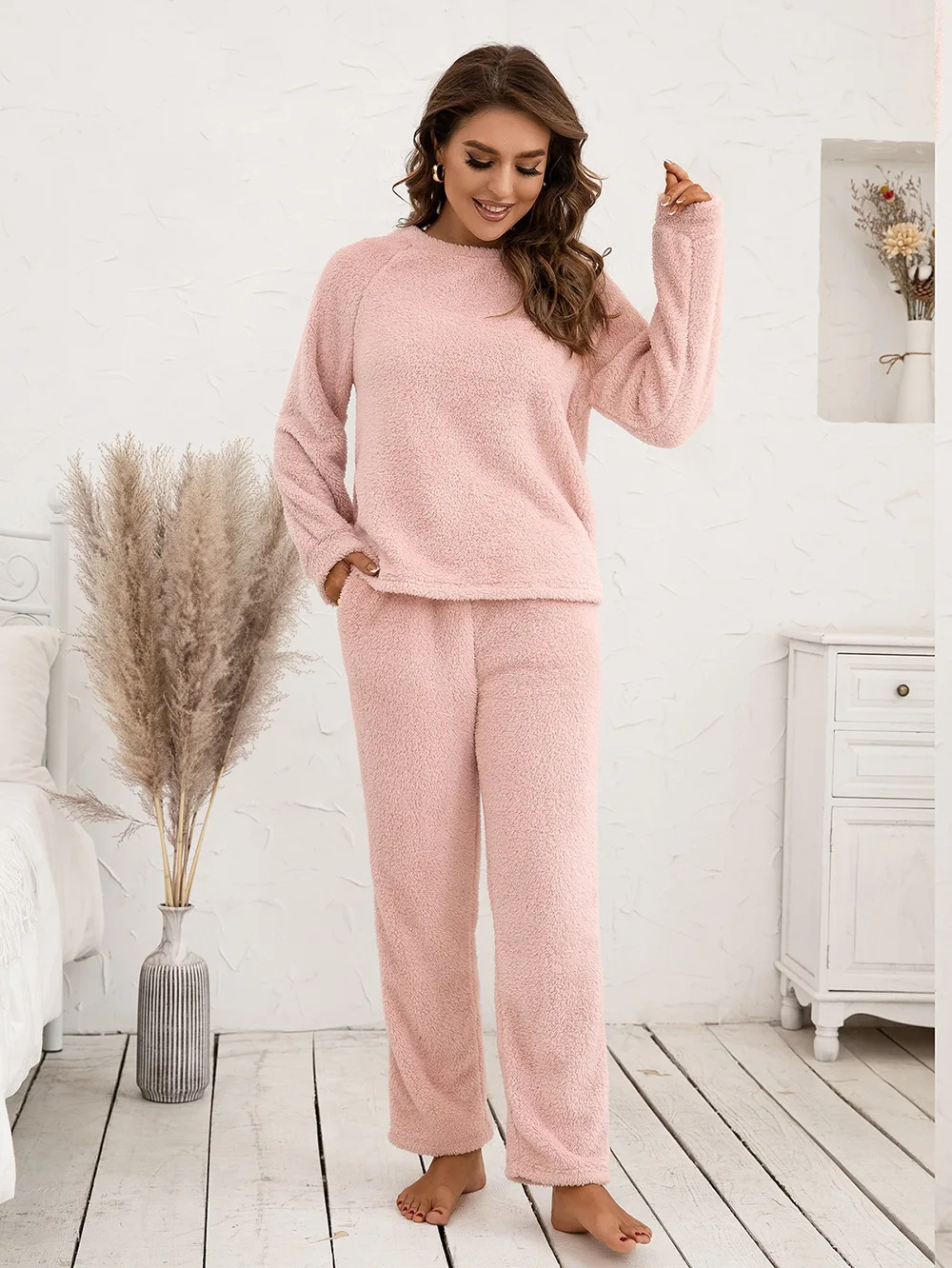 Conjunto casual fuzzy loungewear feminino, tops e calcinha, roupa caseira para outono e inverno, 2 peças