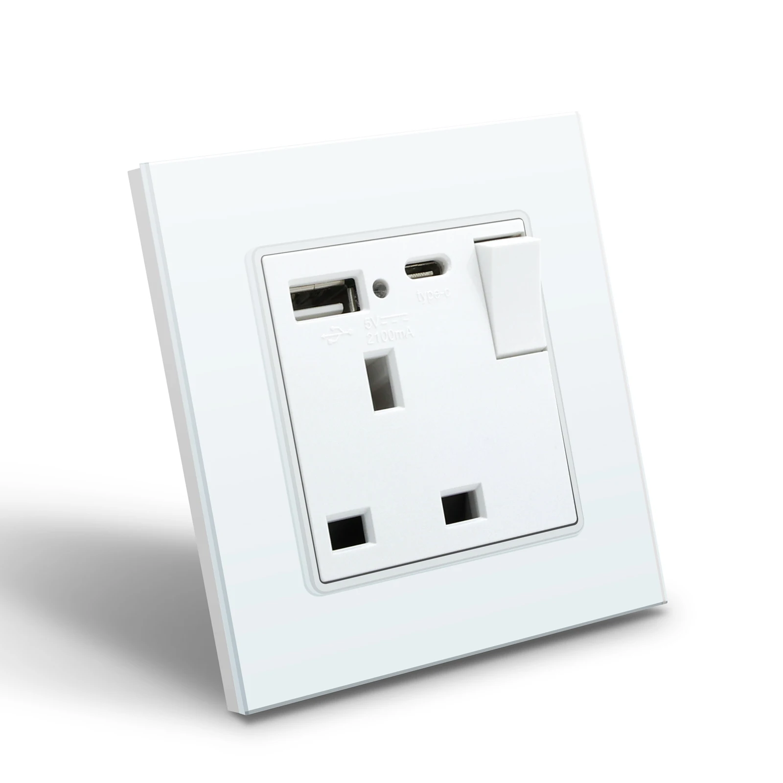 BSEED Single Wall Socket Type-c Dual USB 2.1A Power Outlets UK Standard Plug Glass Frames On OFF Button 13A 146mm