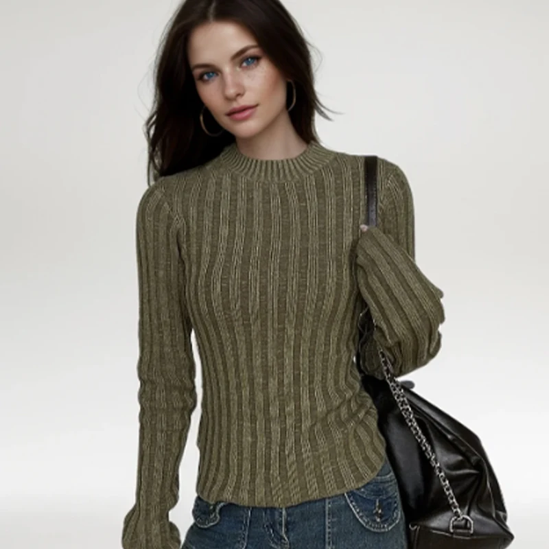 American Fashion Retro High Quality Comfortable Solid Color Knitted Sweater Slim Fit Exquisite Original Design O-neck Lady's Top