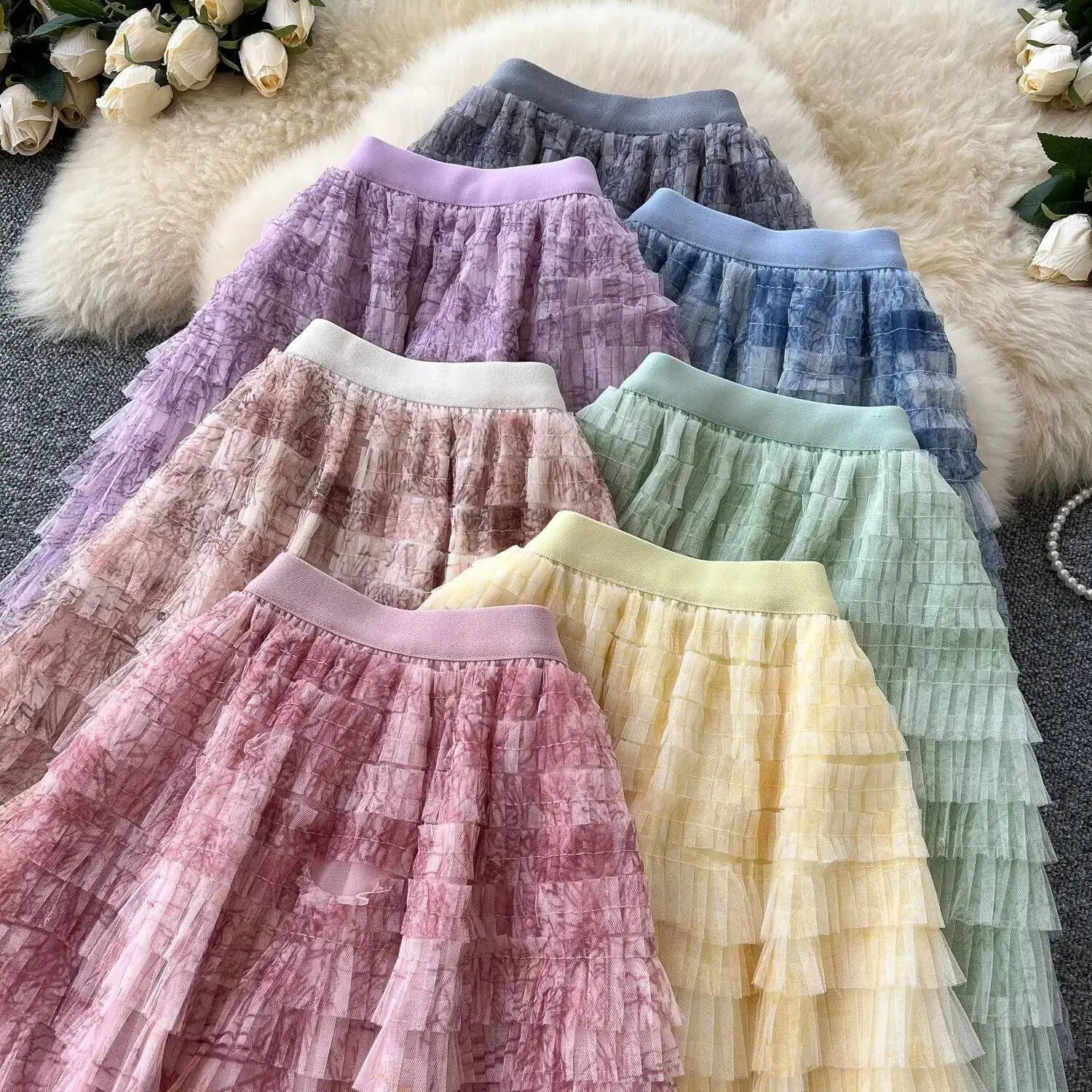 

New In 2025 women Spring Autumn Tie-dye Print Mesh Midi Skirts Korean style Fashion High waist A-line Tulle Elegant tulle Skirt