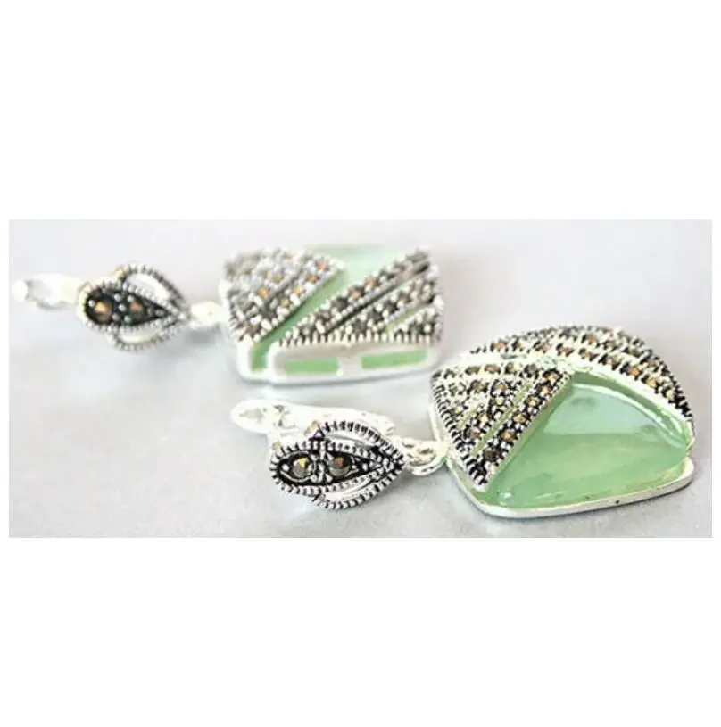 Fancy lady's 925 Silver Hook green Natural jade Marcasite Square Earrings