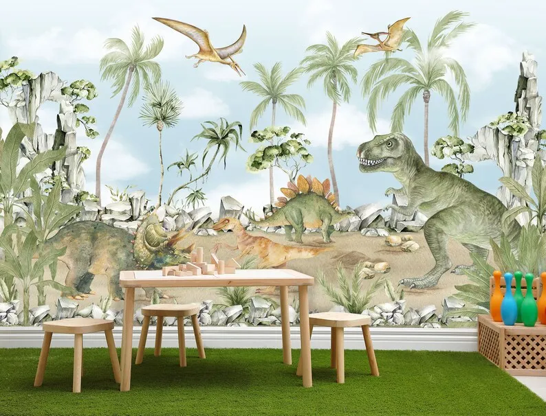 Trex Wallpaper | Jurassic Watercolor Dinosaur Wallpaper Peel and Stick | Kids Prehistoric Dino Park Wall Mural | Predatory Anima