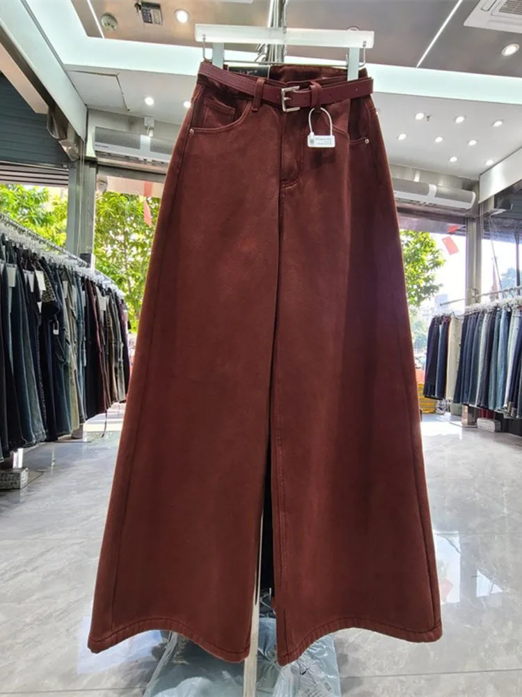 Women's Street Style Wide Leg Red Jeans American Vintage Casual Denim Trousers Female High Waist Loose Straight Pants