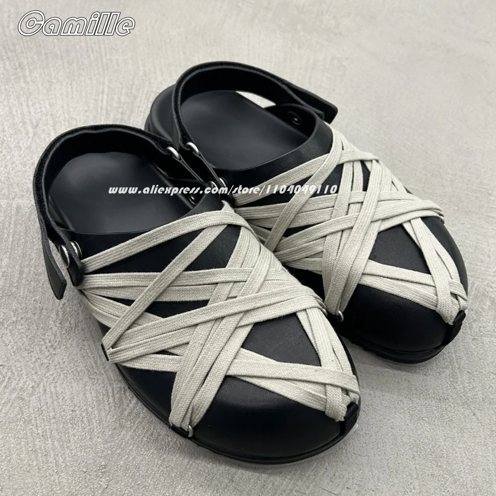 

Genuine Leather Pentagram Shoelace Back Buckle Strap Slippers Round Toe Hollow Casual Flats Retro Hook And Loop Slip On Slides