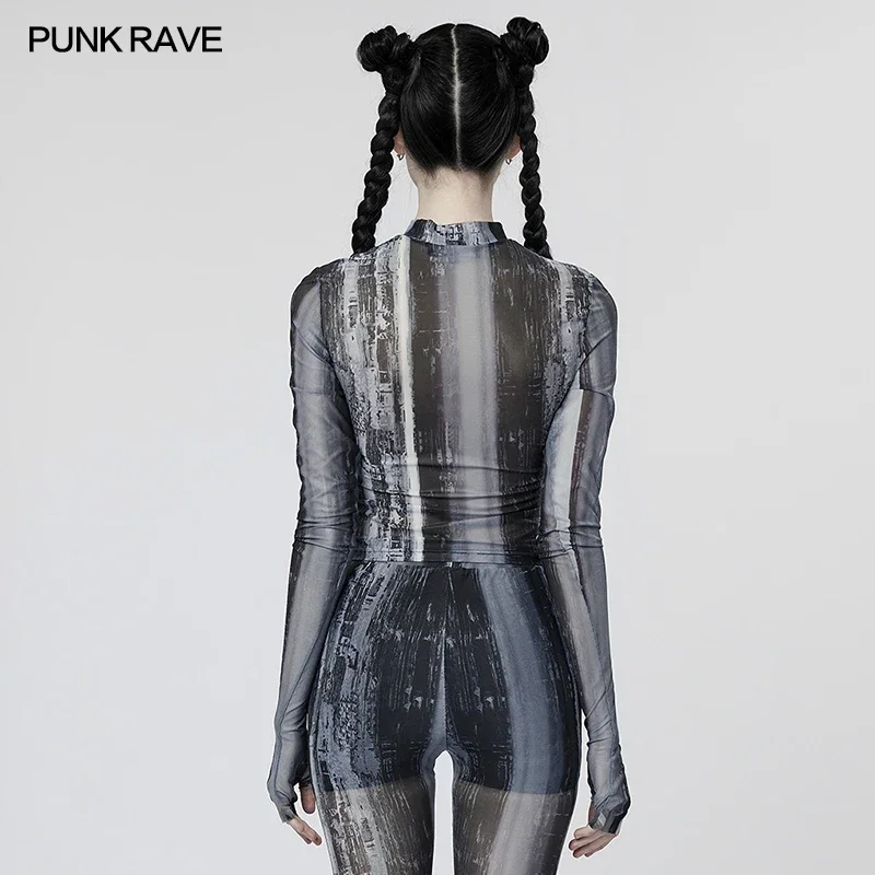 PUNK RAVE Women\'s The Post-apocalyptic Techwear Tight Printing Mesh T-shirt Punk Slim Unique Aesthetic Tops Spring Women Clothes