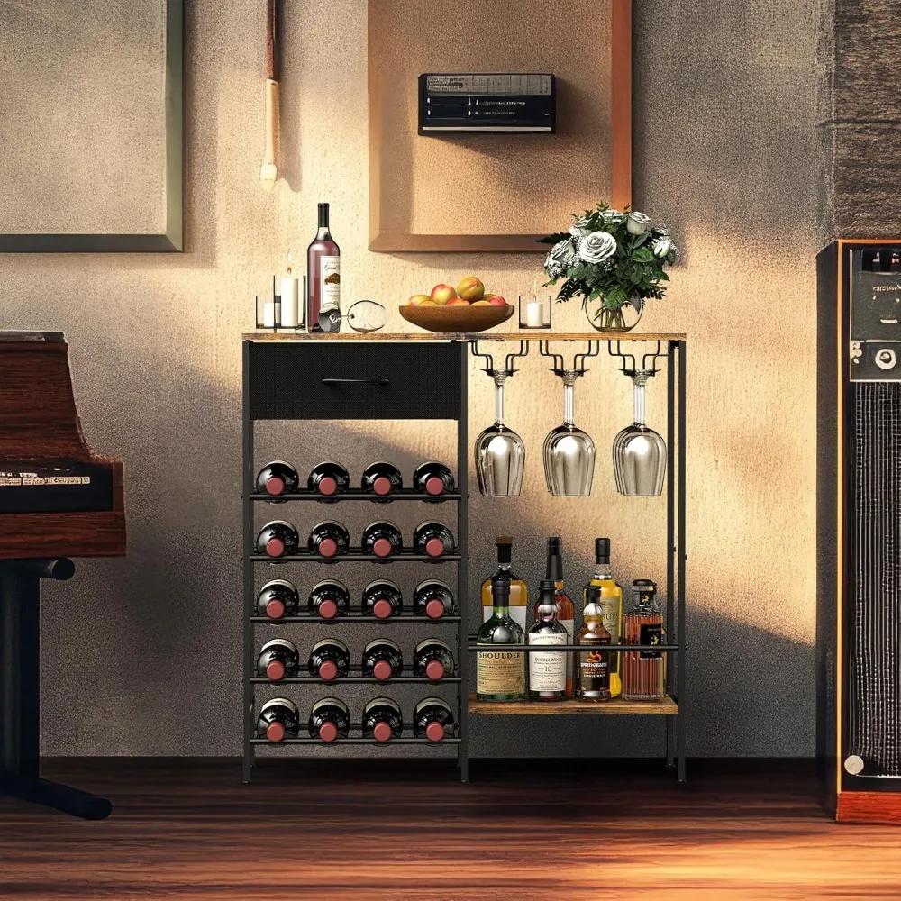 Freestanding Wine Bar Cabinet with Glass Holder, Multi-Functional Storage for Kitchen, Dining Room & Living Room
