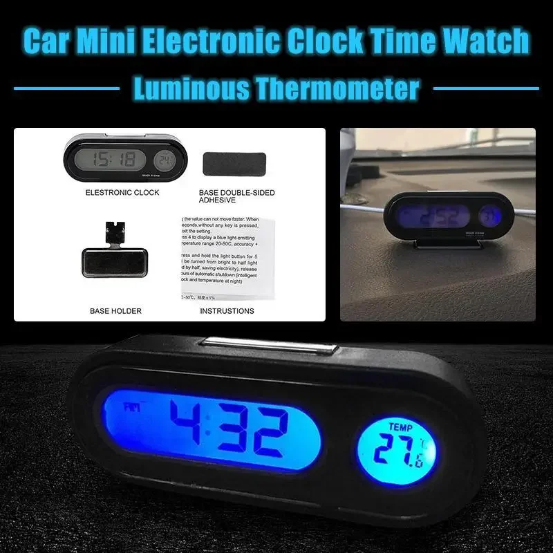 

Car Mini Electronic Clock Time Watch Auto Dashboard Clocks Luminous Thermometer Black Digital Display Car Accessories