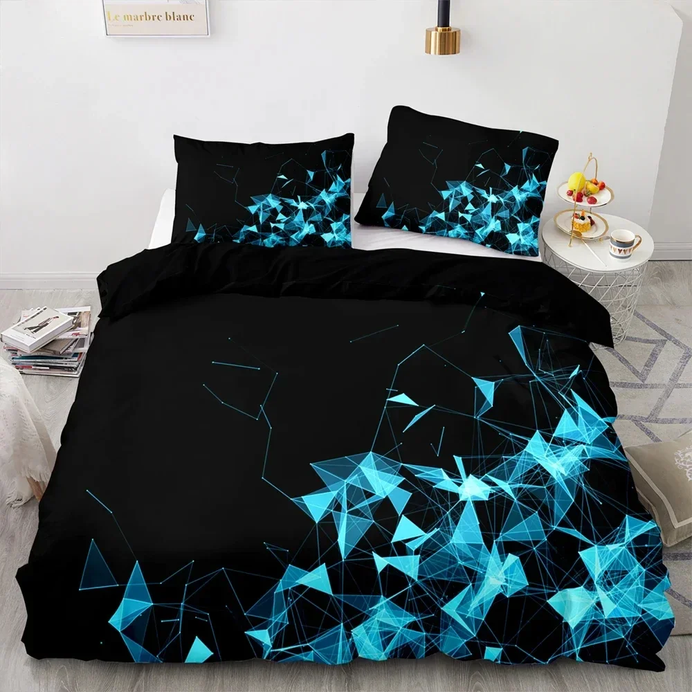 Red Glowing Polygonal Grid Pattern Bedding Set, 135×200 Duvet Cover Set With Pillowcase, 260×220 Quilt Cover，Black Blanket Cover