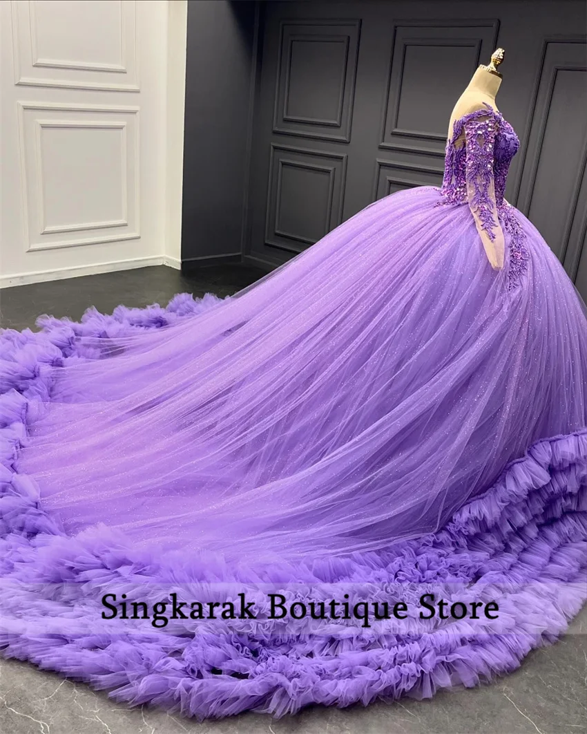 2024 Lavender ungu Quinceanera gaun Tiered Ruffles manik-manik pesta ulang tahun lengan panjang manis 16 gaun gaun bola disesuaikan