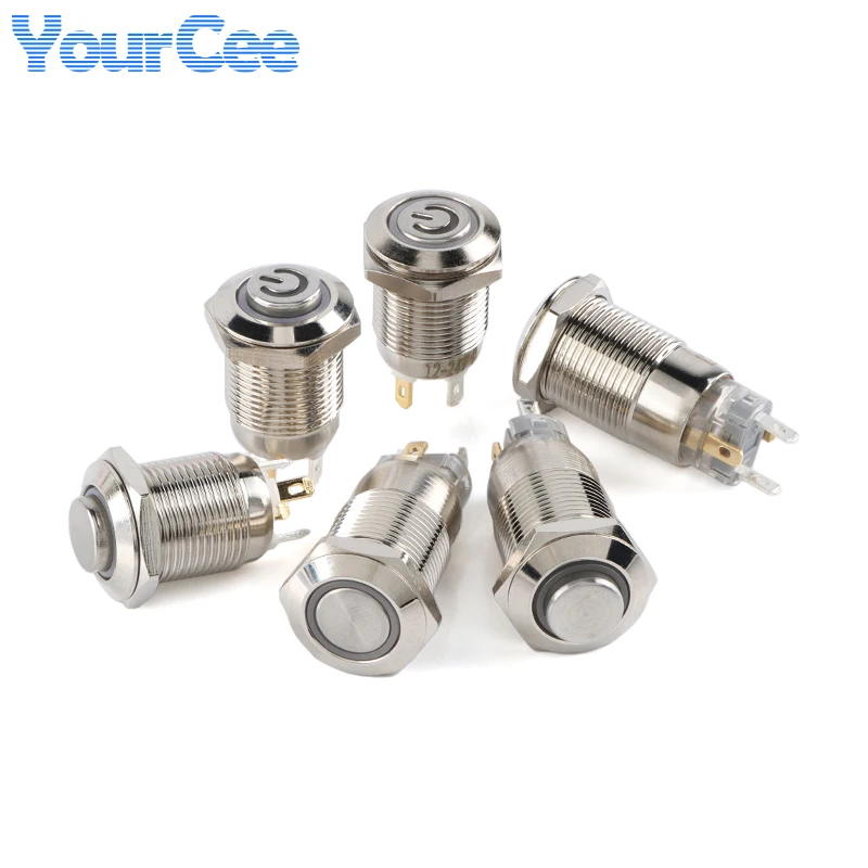 12mm Metal Pushbutton Switch 12v 24v Light Switch Self reset Locking Waterproof IP65 Button Ring Power symbol Momentary GQ12 2P